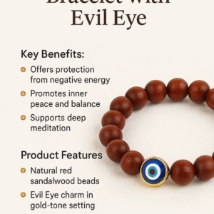 Red Sandalwood Bracelet with Evil Eye – Protection, Peace & Spiritual Strength